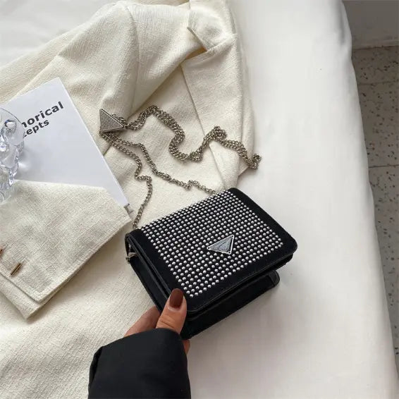 Mini Sac à Bandoulière Chic à Chaîne et Strass (Noir)