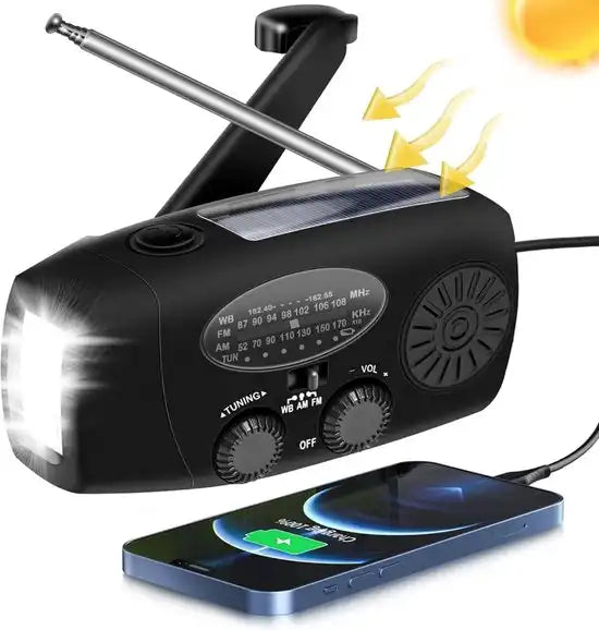 Radio Solaire à Manivelle 3-en-1 avec Chargeur et Lampe LED
