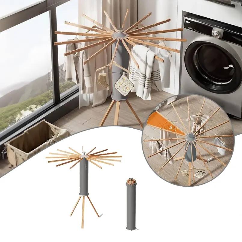 Séchoir Tripode Pliable avec Base en Bois