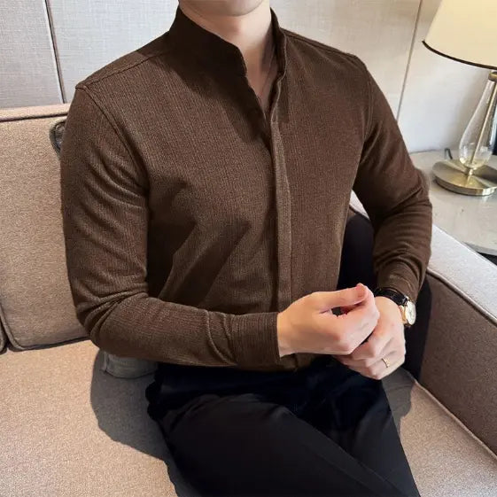 Chemise à Col Montant pour Homme (Marron)