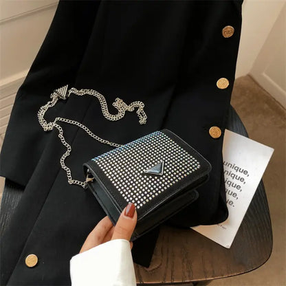 Mini Sac à Bandoulière Chic à Chaîne et Strass (Noir)